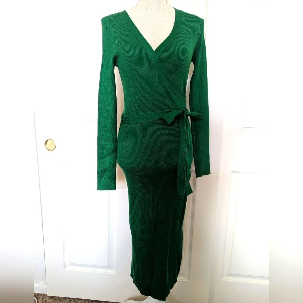Vici Drape Knit Midi Sweater Dress in Green - Picture 3 of 9